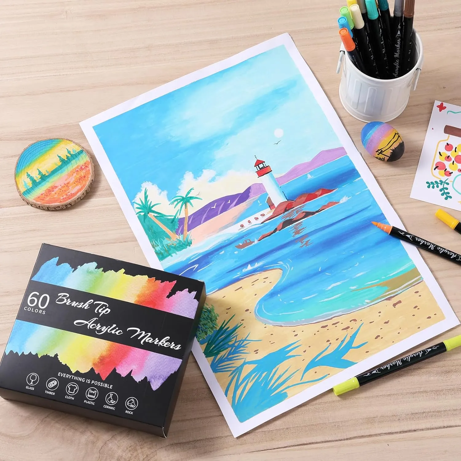60 Colors Acrylic Paint Markers, Waterproof Dual Tip Acrylic Paint Pens with Brush and Fine Tip, Markers Set for Paper, Rock, Wood, Canvas, Glass, Ceramic and DIY Crafts Making Art Supplies