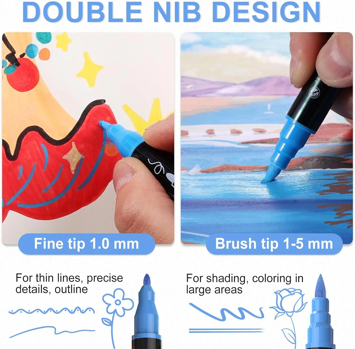 60 Colors Acrylic Paint Markers, Waterproof Dual Tip Acrylic Paint Pens with Brush and Fine Tip, Markers Set for Paper, Rock, Wood, Canvas, Glass, Ceramic and DIY Crafts Making Art Supplies