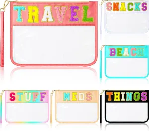 Abbylike 6 Pcs Chenille Letter Clear Zipper Pouch Summer Waterproof Cosmetic Pouch Travel Gym Beach Hawaii Bag Travel Patch Purse Makeup Letter Bag for Women Girls, 6 Colors(Charming Colors,Stylish)