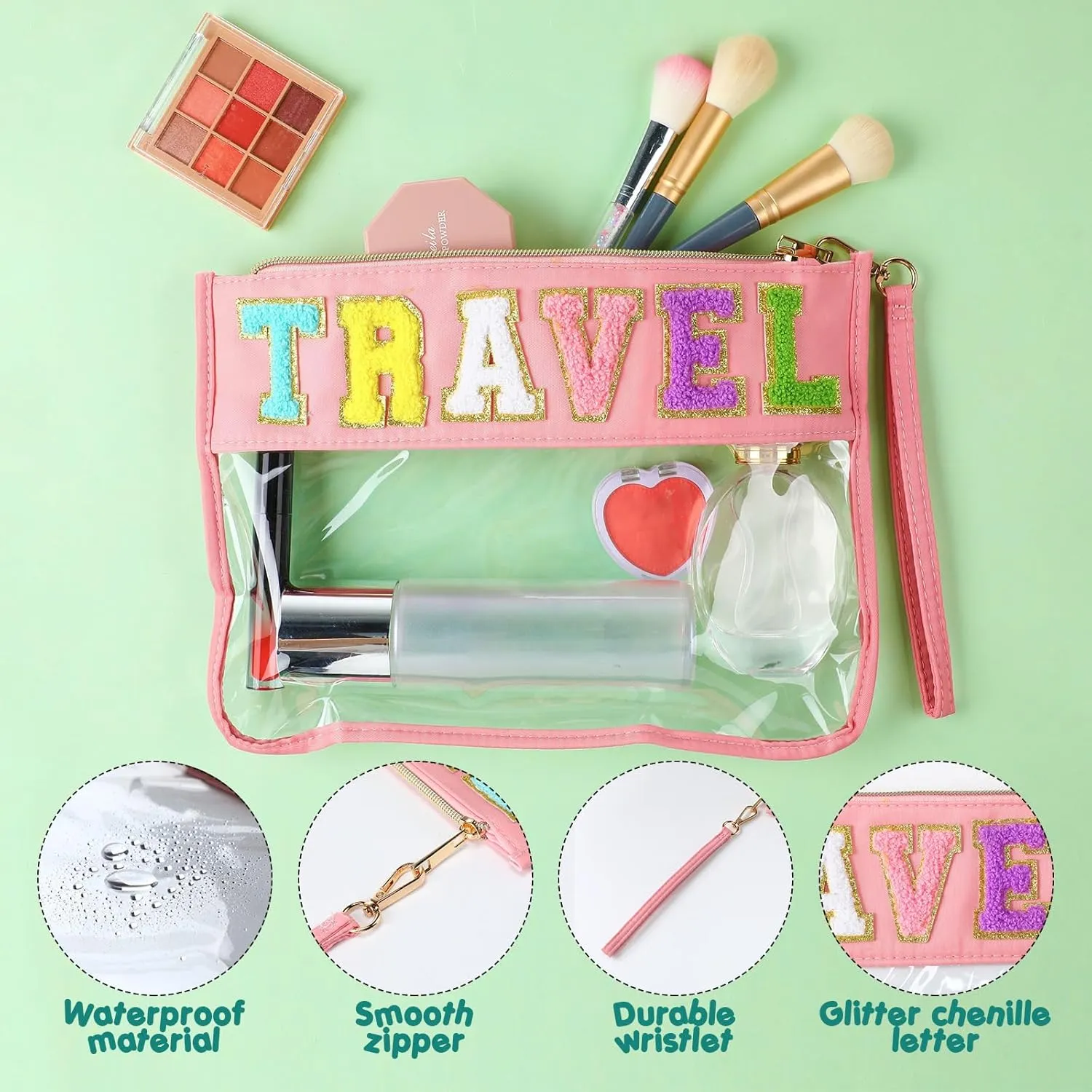 Abbylike 6 Pcs Chenille Letter Clear Zipper Pouch Summer Waterproof Cosmetic Pouch Travel Gym Beach Hawaii Bag Travel Patch Purse Makeup Letter Bag for Women Girls, 6 Colors(Charming Colors,Stylish)