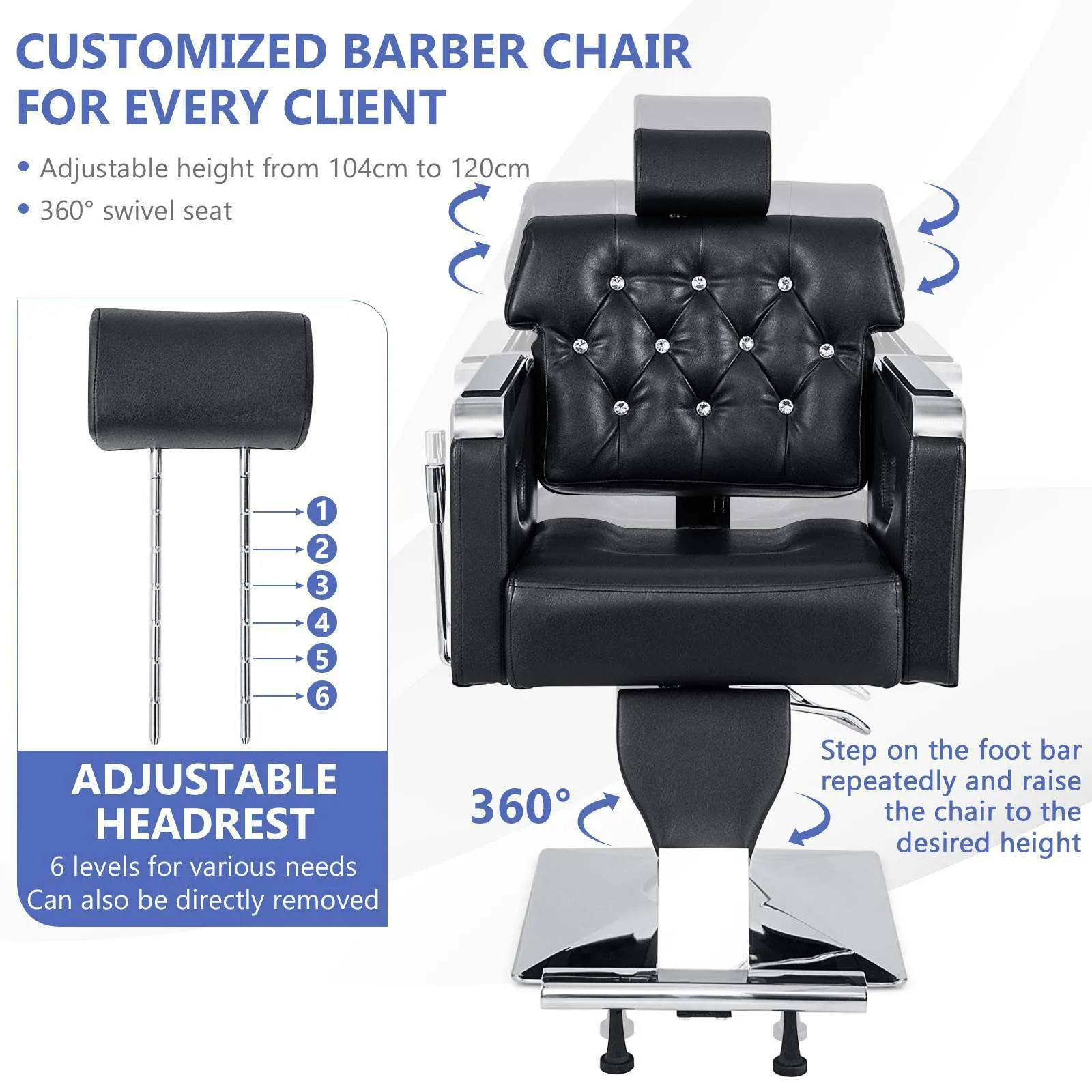 Adjustable Styling Salon Chair with Padded Backrest, 6-Level Adjustable Headrest