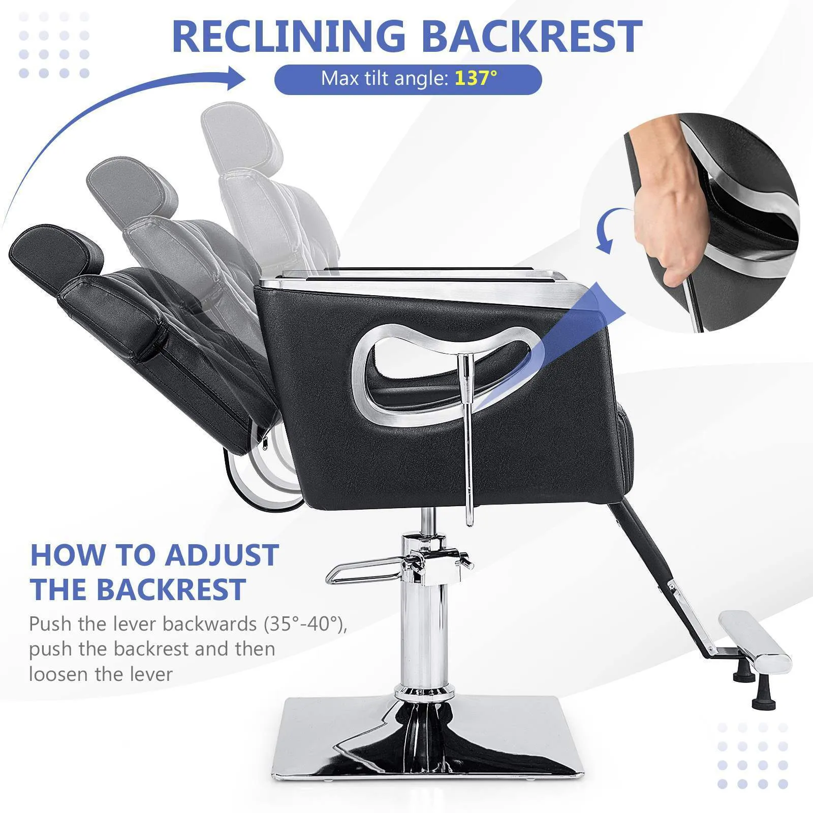 Adjustable Styling Salon Chair with Padded Backrest, 6-Level Adjustable Headrest