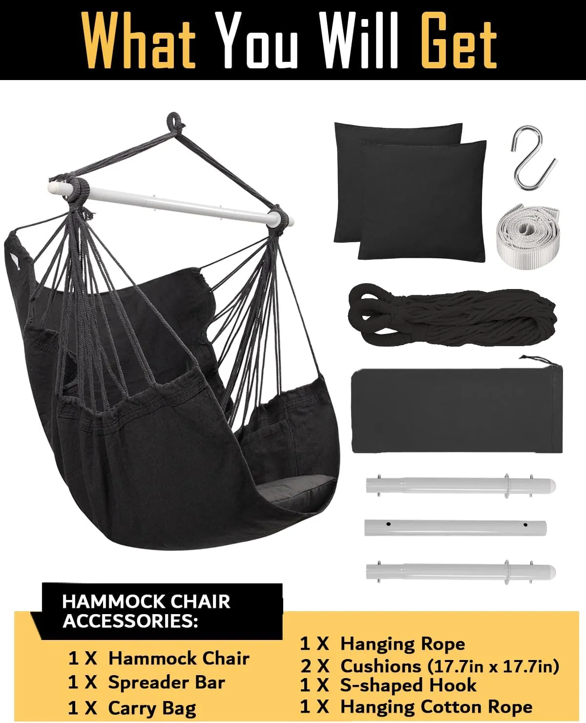 ADVOKAIR Hammock Chair Swing (500 lbs Max-2 Cushions) - Hanging Hammock Chair Rope Swing Indoor for Bedroom, Outdoor, Patio, Bedroom, Porch, Deck - Sturdy Steel Bar with Anti-Slip Safety Rings