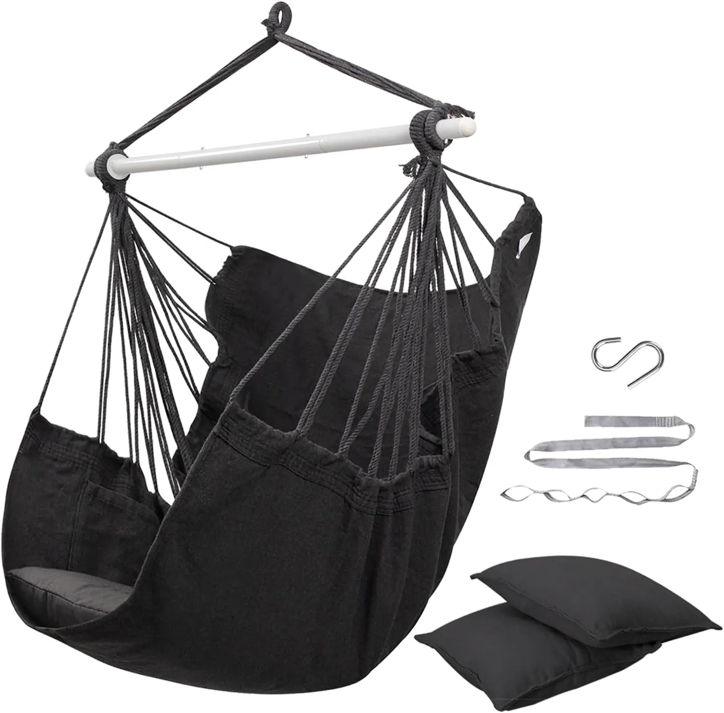 ADVOKAIR Hammock Chair Swing (500 lbs Max-2 Cushions) - Hanging Hammock Chair Rope Swing Indoor for Bedroom, Outdoor, Patio, Bedroom, Porch, Deck - Sturdy Steel Bar with Anti-Slip Safety Rings