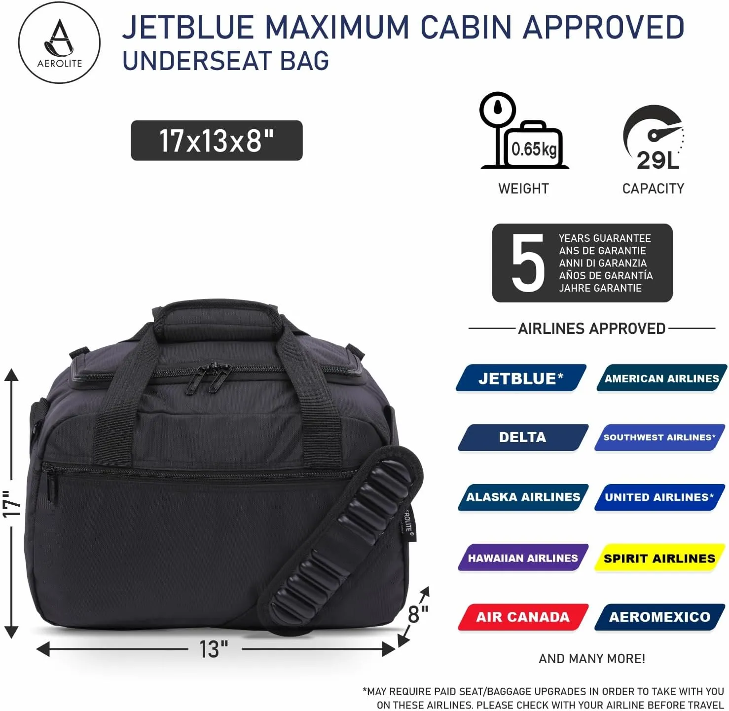 Aerolite Underseat 17x13x8” jetBlue Airline Maximum Size Carry On Holdall with 5 Year Guarantee, Premium Carry On Personal Item Eco-Friendly Travel Duffel Bag