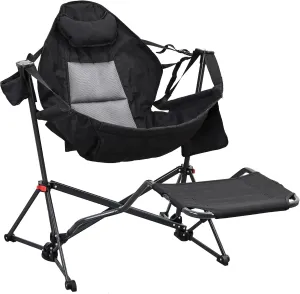 Ainfox Hammock Camping Chair with Footrest, Foldable Portable Rocking Chairs for Adults Outside Swinging Camp with Cup Holder Pillow for Outdoor Patio Poolside (Black)