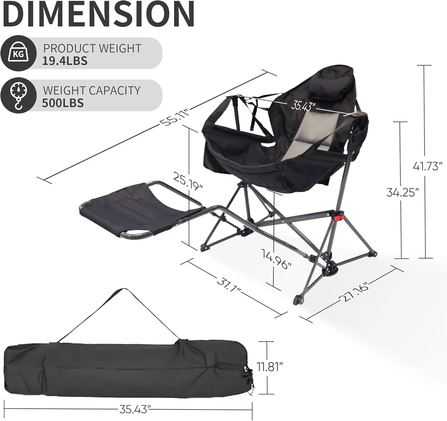 Ainfox Hammock Camping Chair with Footrest, Foldable Portable Rocking Chairs for Adults Outside Swinging Camp with Cup Holder Pillow for Outdoor Patio Poolside (Black)