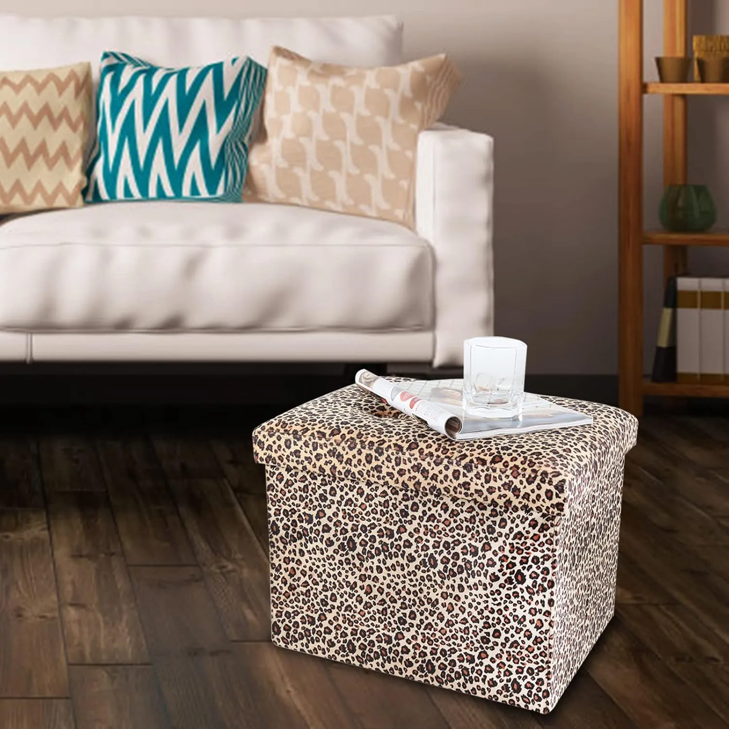 ALASDO Ottoman Storage Ottoman Footrest Stool Small Ottoman with Storage Foldable Ottoman Foot Rest Footstool Bench for Living Room 17x13x13inches Leopard Print