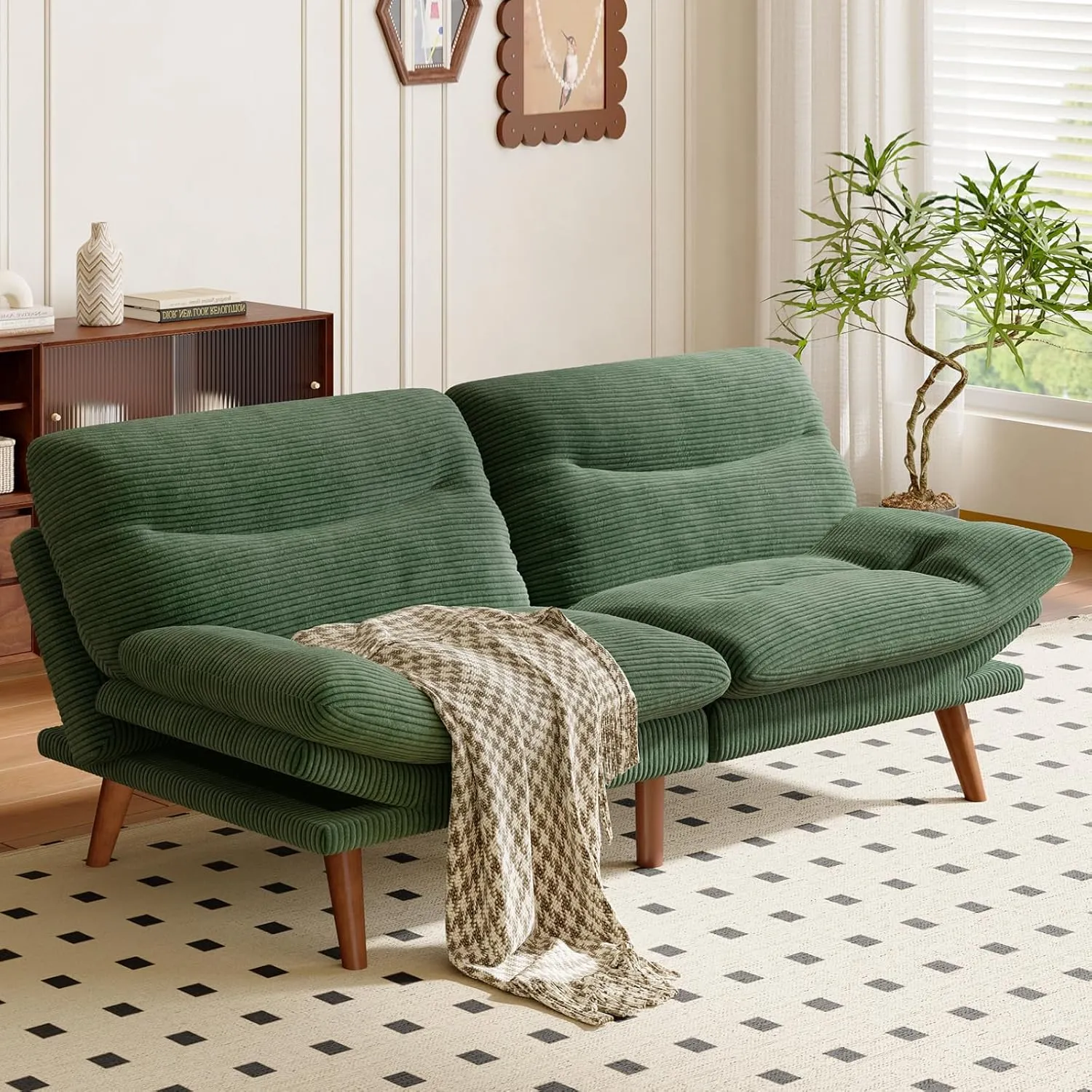AMADA HOMEFURNISHING Convertible Futon Sofa Bed,66″ Green Futon with Adjustable Backrest & Armrests,Folding Sleeper Recliner for Small Spaces, Play Room Or Office, Corduroy Small Couch