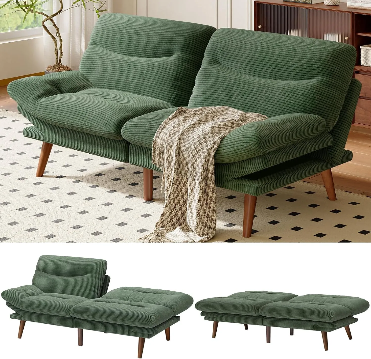 AMADA HOMEFURNISHING Convertible Futon Sofa Bed,66″ Green Futon with Adjustable Backrest & Armrests,Folding Sleeper Recliner for Small Spaces, Play Room Or Office, Corduroy Small Couch