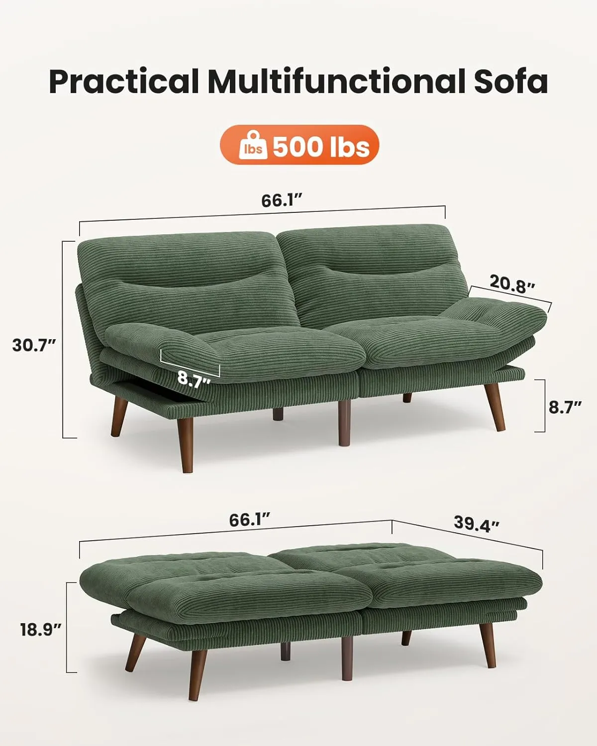 AMADA HOMEFURNISHING Convertible Futon Sofa Bed,66″ Green Futon with Adjustable Backrest & Armrests,Folding Sleeper Recliner for Small Spaces, Play Room Or Office, Corduroy Small Couch