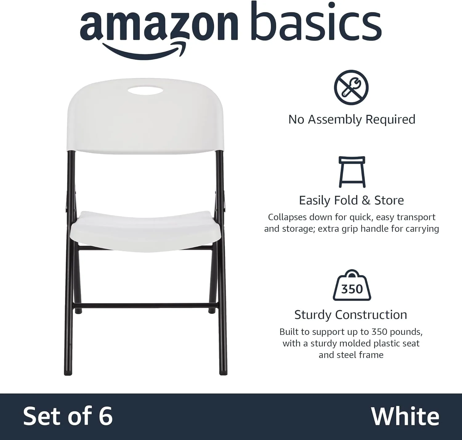 Amazon Basics Sturdy Foldable Plastic Chair, Portable, 350-Pound Capacity, White, 6-Pack