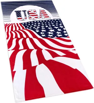 American Flag Beach Towel 30 x 60 inch (76 x 152 cm) USA Sun Patriot 100% Cotton Velour Terry