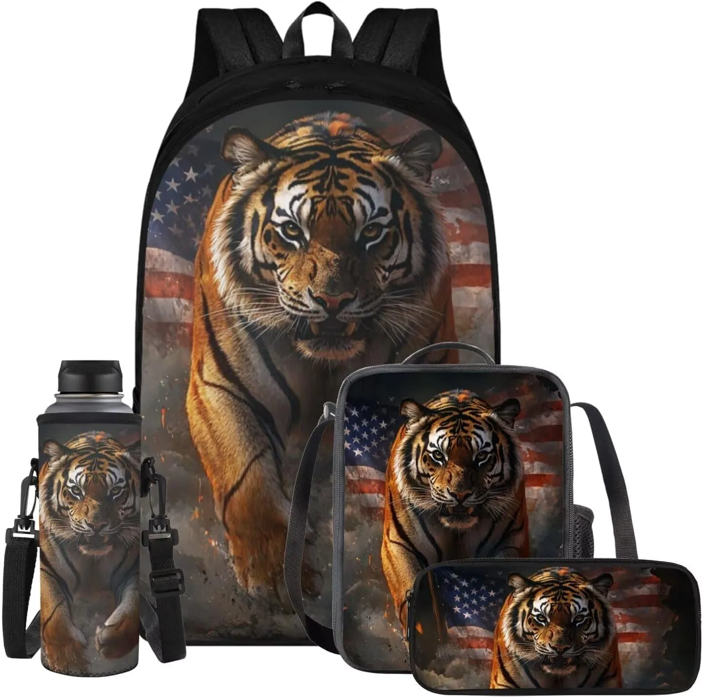 American Tiger Mini Backpack for Boys 7Th Kids Backpack with Lunch Box Pencil Case Portable Student Bookbag for Teenagers Primary School 4-In-1 School Bag for Students Independence Day