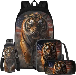 American Tiger Mini Backpack for Boys 7Th Kids Backpack with Lunch Box Pencil Case Portable Student Bookbag for Teenagers Primary School 4-In-1 School Bag for Students Independence Day