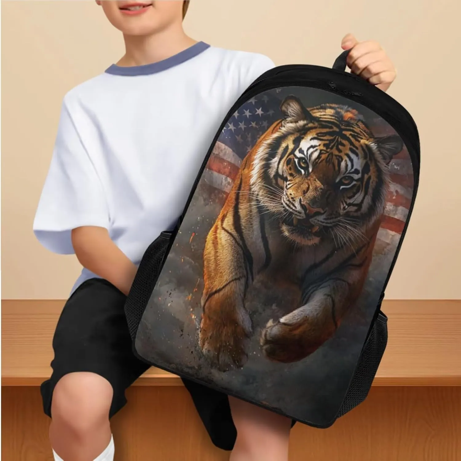 American Tiger Mini Backpack for Boys 7Th Kids Backpack with Lunch Box Pencil Case Portable Student Bookbag for Teenagers Primary School 4-In-1 School Bag for Students Independence Day