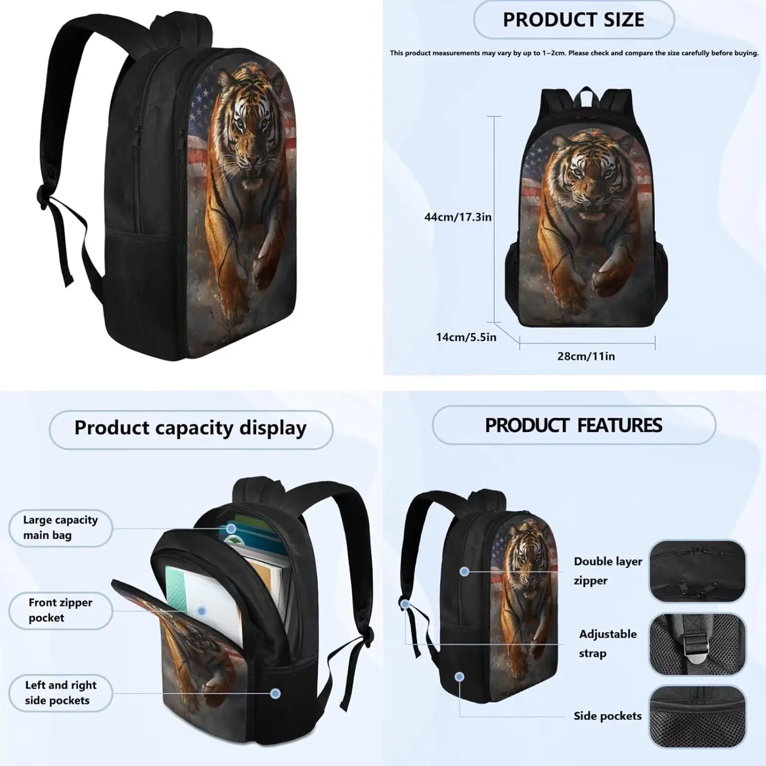 American Tiger Mini Backpack for Boys 7Th Kids Backpack with Lunch Box Pencil Case Portable Student Bookbag for Teenagers Primary School 4-In-1 School Bag for Students Independence Day
