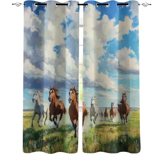 Animal Darkening Window Curtains 3D Print Blue Sky White Clouds Grassland Running Horses Thermal Insulated Wear Resistant Drapes with Grommet for Home Decor Bedroom Living Room 2 Panels 42"W x 84"L