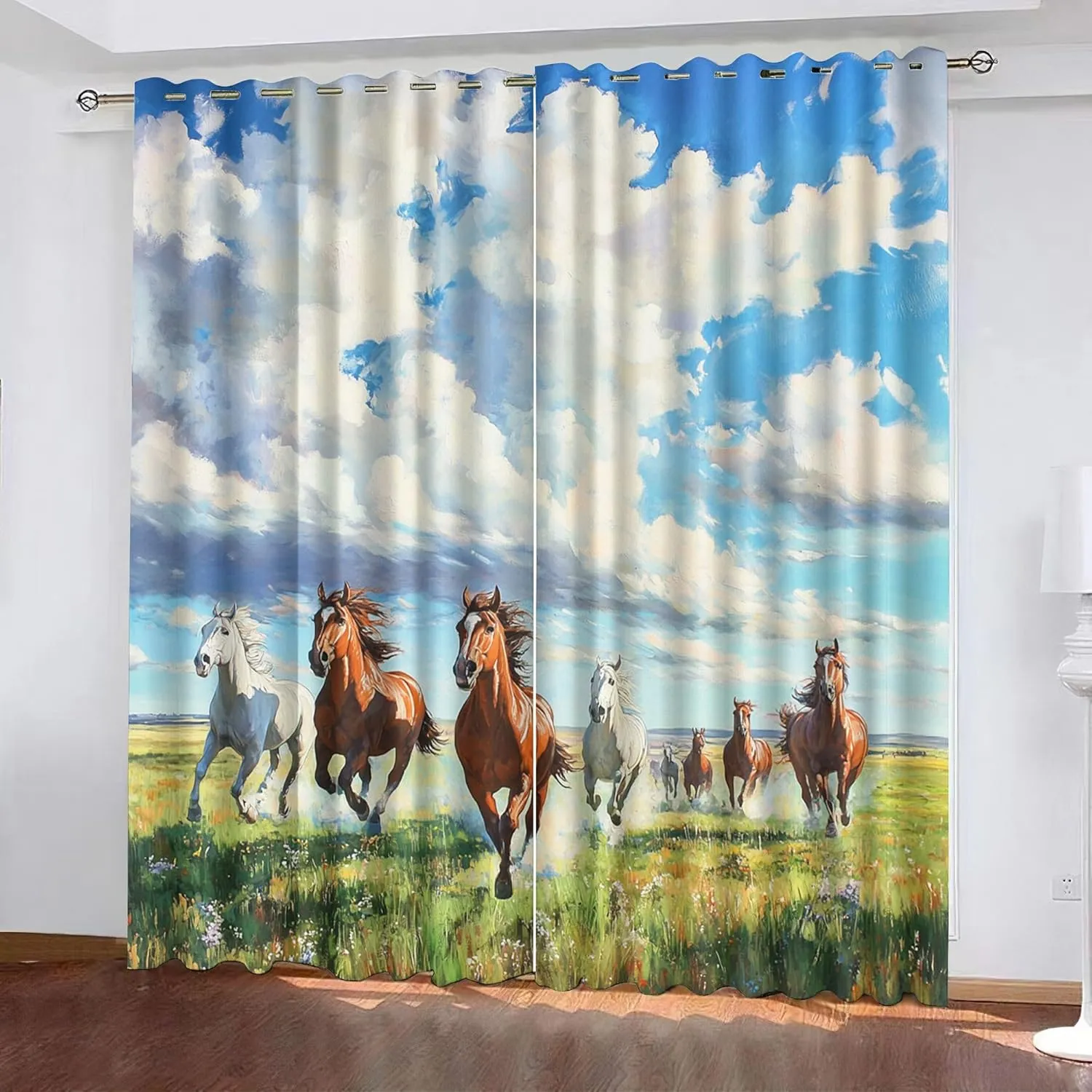 Animal Darkening Window Curtains 3D Print Blue Sky White Clouds Grassland Running Horses Thermal Insulated Wear Resistant Drapes with Grommet for Home Decor Bedroom Living Room 2 Panels 42"W x 84"L