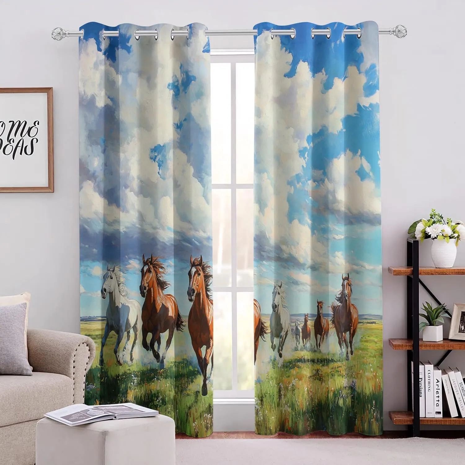 Animal Darkening Window Curtains 3D Print Blue Sky White Clouds Grassland Running Horses Thermal Insulated Wear Resistant Drapes with Grommet for Home Decor Bedroom Living Room 2 Panels 42"W x 84"L