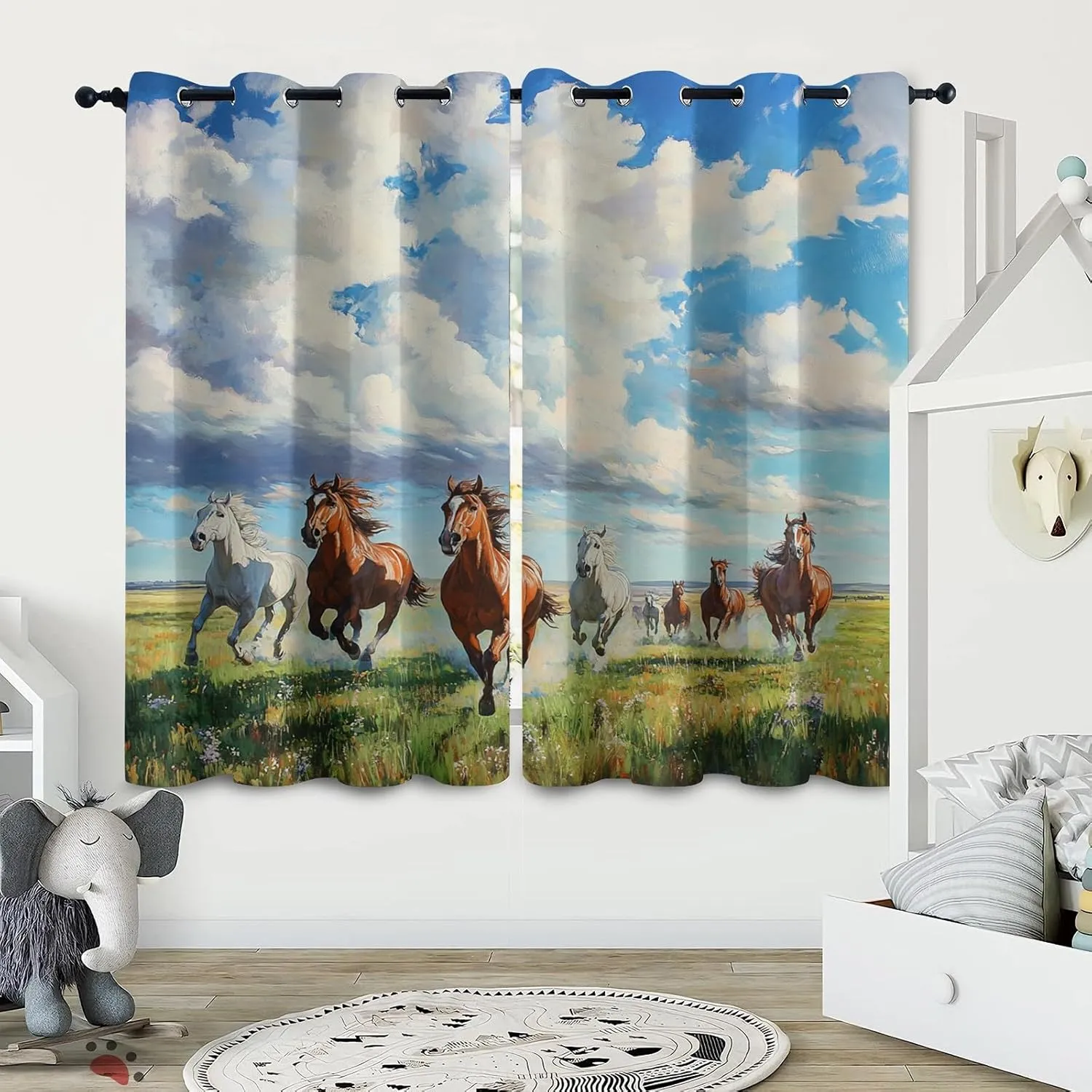 Animal Darkening Window Curtains 3D Print Blue Sky White Clouds Grassland Running Horses Thermal Insulated Wear Resistant Drapes with Grommet for Home Decor Bedroom Living Room 2 Panels 42"W x 84"L