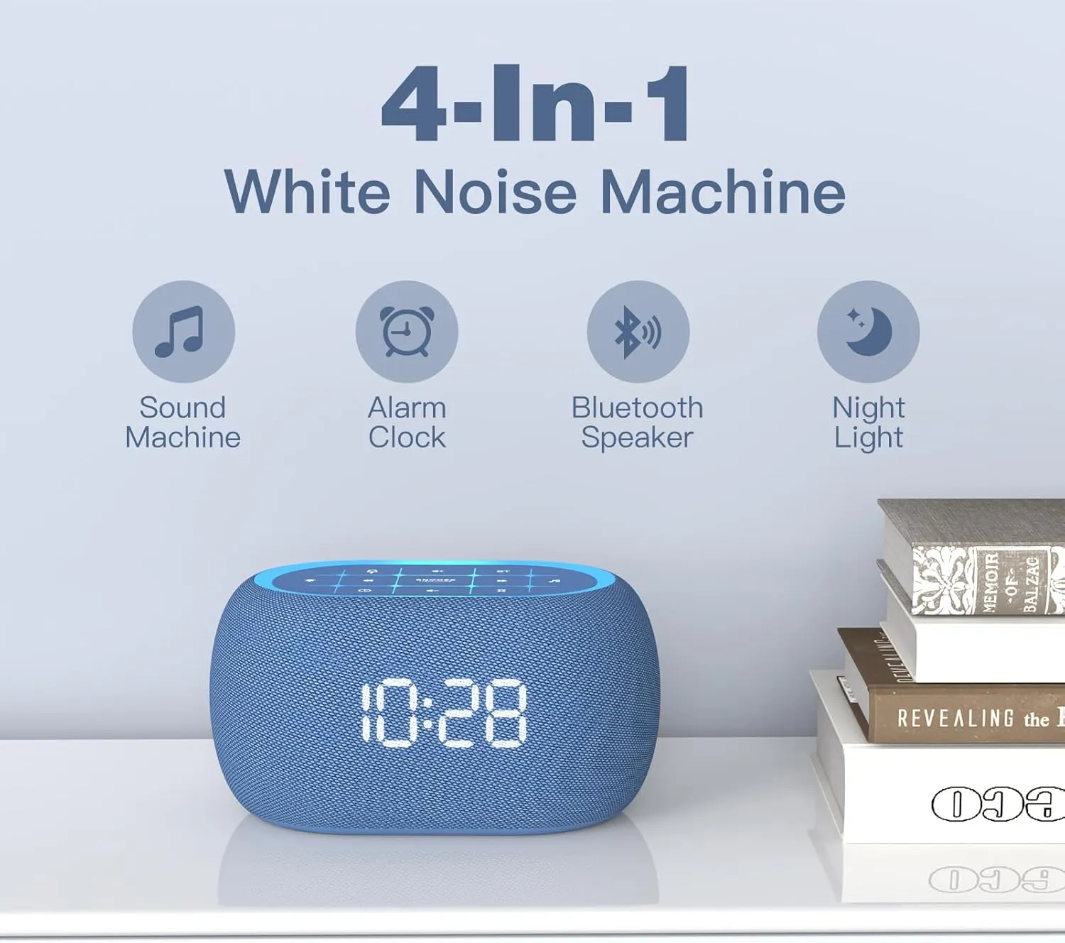 ANJANK White Noise Sound Machine Alarm Clock with Bluetooth Speaker, Hi-Fi Stereo Sound, 21 Sounds, 7 Night Lights, 0-100% Dimmer, Sleep Timer, Soothing Device for Adults Kids Sleeping, Bedroom, Blue