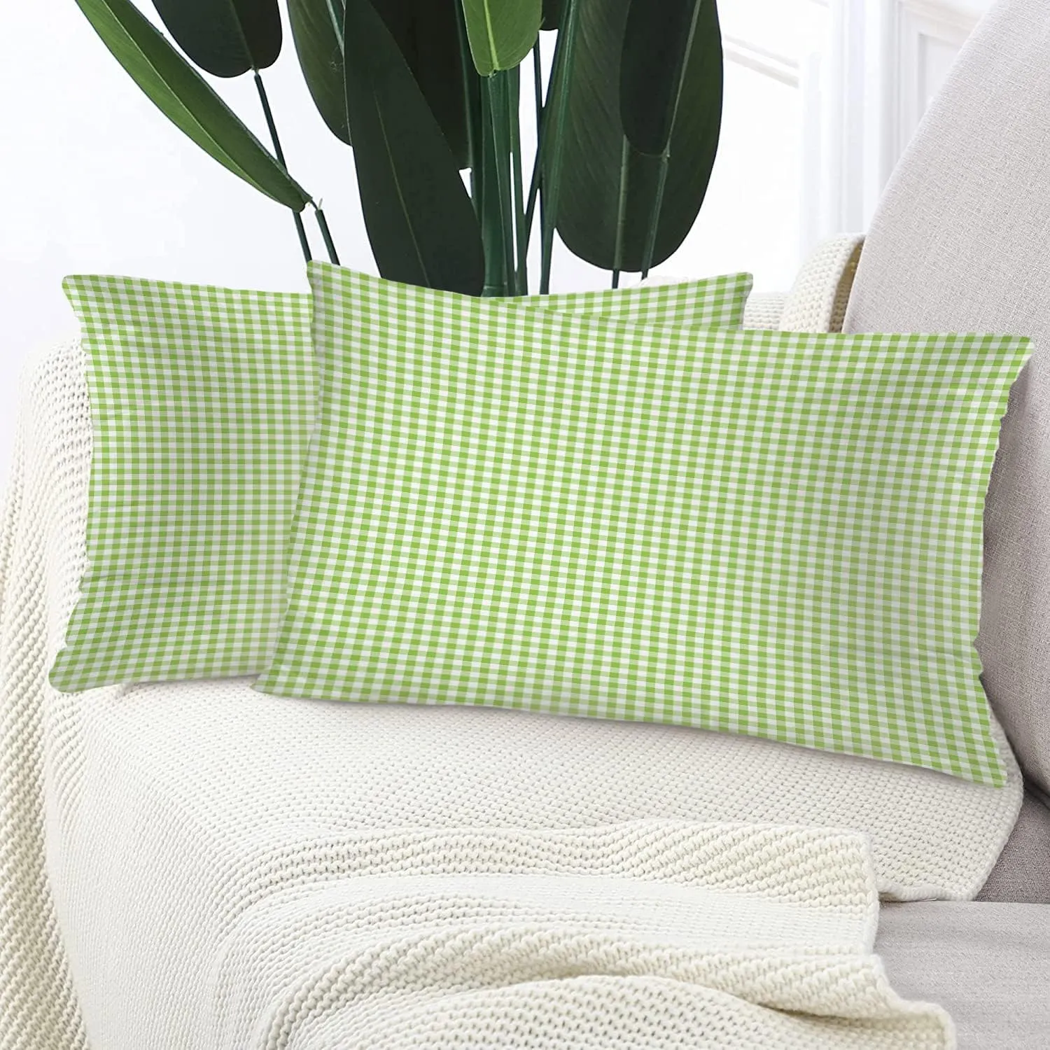 Apple Green Plaid Throw Pillow Covers,Apple Green Gingham Cushion Cover Digital Blended Hidden Zipperl Decorative Pillowcases for Hair Skin Lumbar 12X20 in 2 Pcs