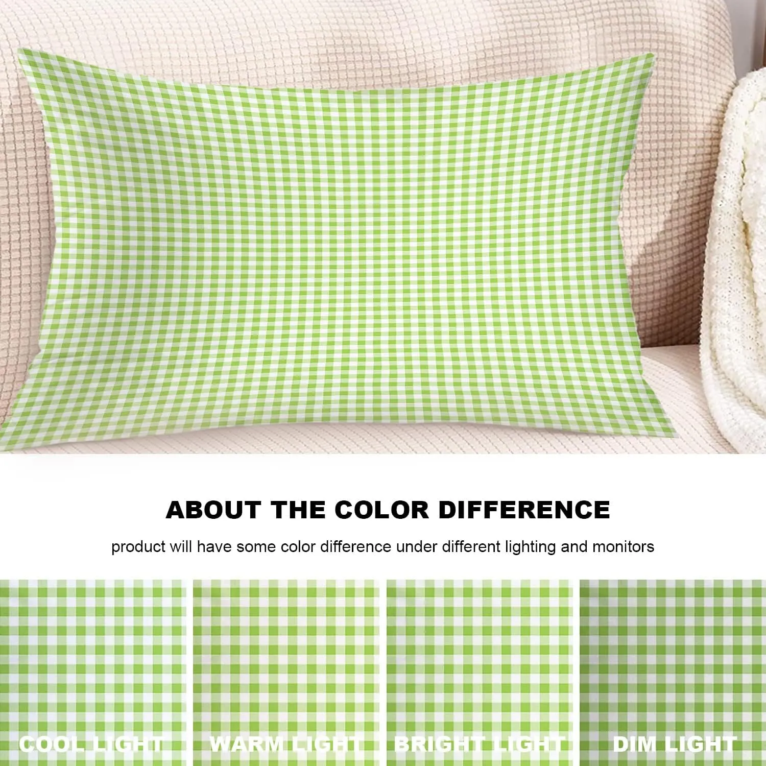 Apple Green Plaid Throw Pillow Covers,Apple Green Gingham Cushion Cover Digital Blended Hidden Zipperl Decorative Pillowcases for Hair Skin Lumbar 12X20 in 2 Pcs