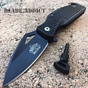 ASSISTED OPEN TACTICAL POCKET KNIFE   Fire Starter   Carabiner Camping Spring BK