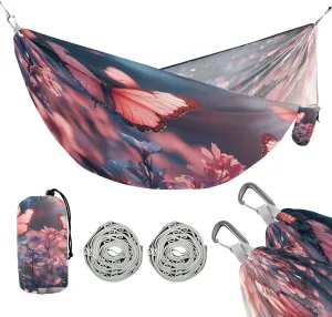 ATTX Beautiful Pink Butterflies Camping Hammock - Lightweight & Portable Hammocks, Heavy Duty 330lbs Capacity for Indoor, Hiking, Backpacking, Travel, Backyard, Beach#208