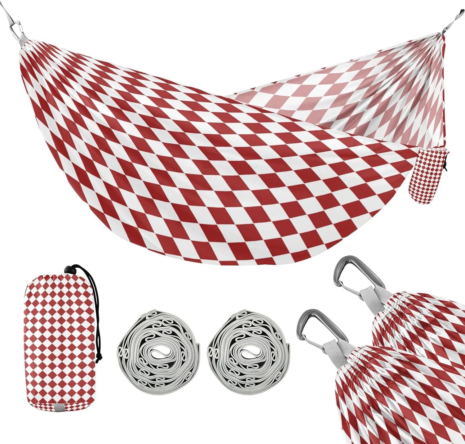 ATTX Red and White Checkered Camping Hammock - Lightweight & Portable Hammocks, Heavy Duty 330lbs Capacity for Indoor, Hiking, Backpacking, Travel, Backyard, Beach#210