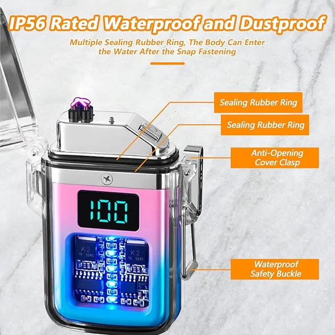 BABOBIU Electic Lighter Plasma Arc Lighter Windproof Waterproof Flameless USB Rechargeable Lighter with Digital Power Display Gift for Men, Father, Husband (Blue Pink)