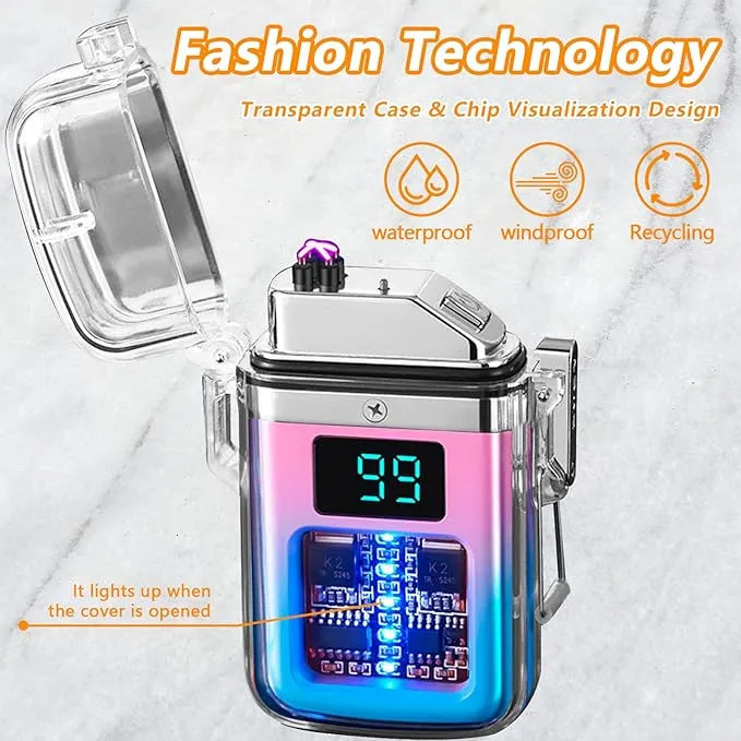 BABOBIU Electic Lighter Plasma Arc Lighter Windproof Waterproof Flameless USB Rechargeable Lighter with Digital Power Display Gift for Men, Father, Husband (Blue Pink)