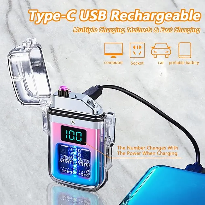 BABOBIU Electic Lighter Plasma Arc Lighter Windproof Waterproof Flameless USB Rechargeable Lighter with Digital Power Display Gift for Men, Father, Husband (Blue Pink)