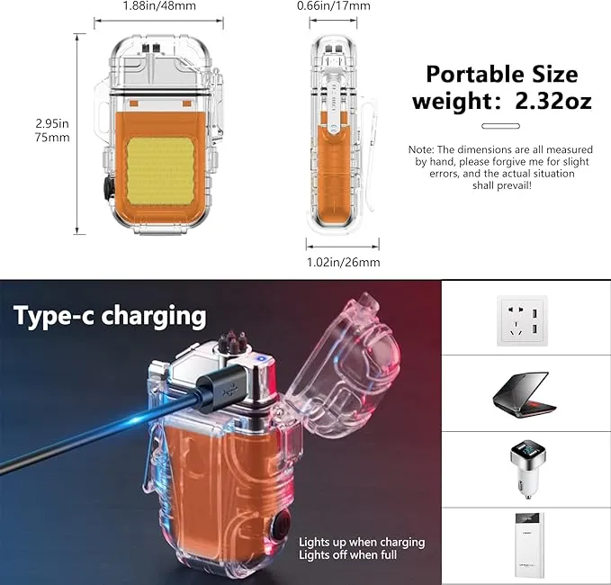 BABOBIU Electric Lighter Rechargeable Lighter Flameless Windproof Lighter Waterproof Camping Ligher Candle Lighter with Dual Plasma Arc for Candles, Incense, Fireworks (Orange)