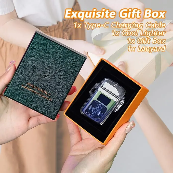 BABOBIU Electric Lighter Type C Rechargeable Lighter Waterproof Flameless Lighter Windproof Plasma Arc Lighter with Digital Power Display Gift for Father's Day, Christmas, Birthday (Black Green)