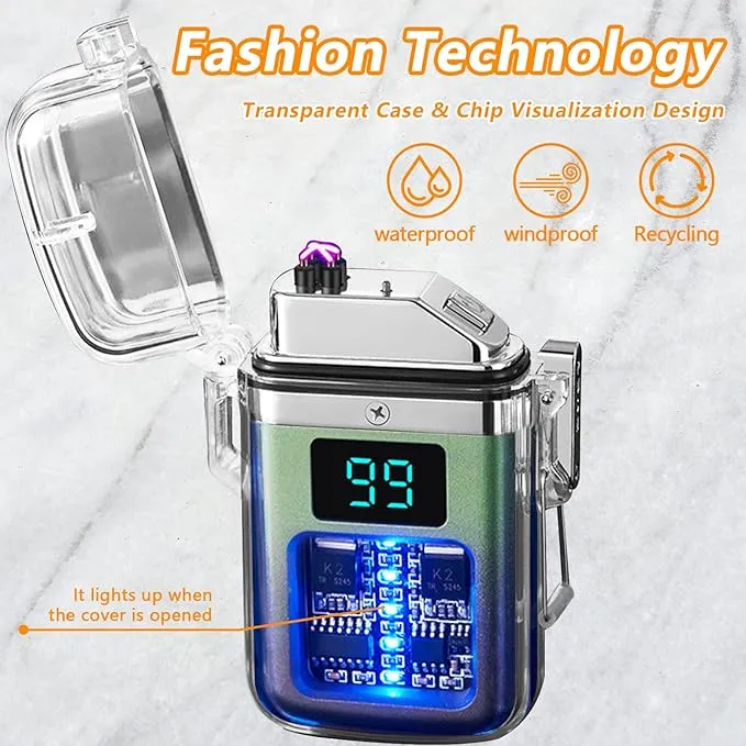BABOBIU Electric Lighter Type C Rechargeable Lighter Waterproof Flameless Lighter Windproof Plasma Arc Lighter with Digital Power Display Gift for Father's Day, Christmas, Birthday (Black Green)