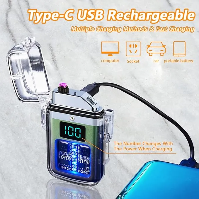 BABOBIU Electric Lighter Type C Rechargeable Lighter Waterproof Flameless Lighter Windproof Plasma Arc Lighter with Digital Power Display Gift for Father's Day, Christmas, Birthday (Black Green)