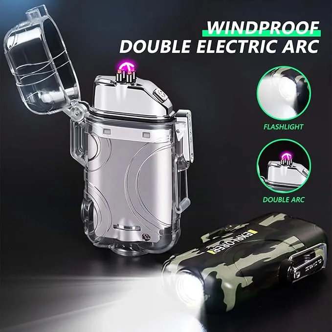 BABOBIU Plasma Lighter Rechargeable Lighter Portable Flameless Waterproof Windproof Lighter Cool Lighter with Portable Flashlight Gift for Men, Boyfriend, Husband (Silver)