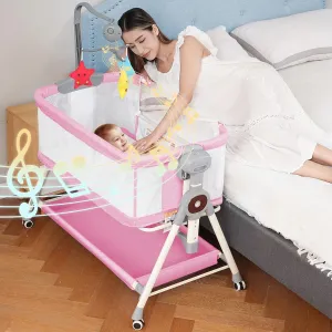 Baby Bassinet, Rocking Bassinet 3 in 1 Bassinets Bedside Sleeper with Musical Toys, Bedside Bassinet for Baby with Storage Basket and Wheels, Adjustable Bedside Crib for Newborn (Pink)