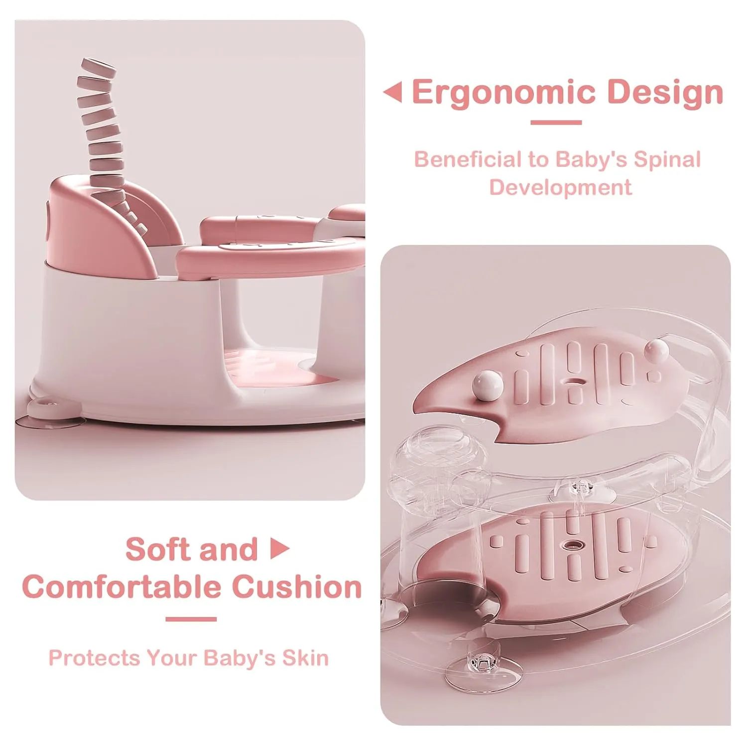 Baby Bath Seat for Babies 6 Months & up, Sure & Secure Suction Cups, Non-Slip Baby Bath Seat, Detachable, Safe & Comfortable Baby Bath Support, Sit Up Bath Seat for Baby, Pink