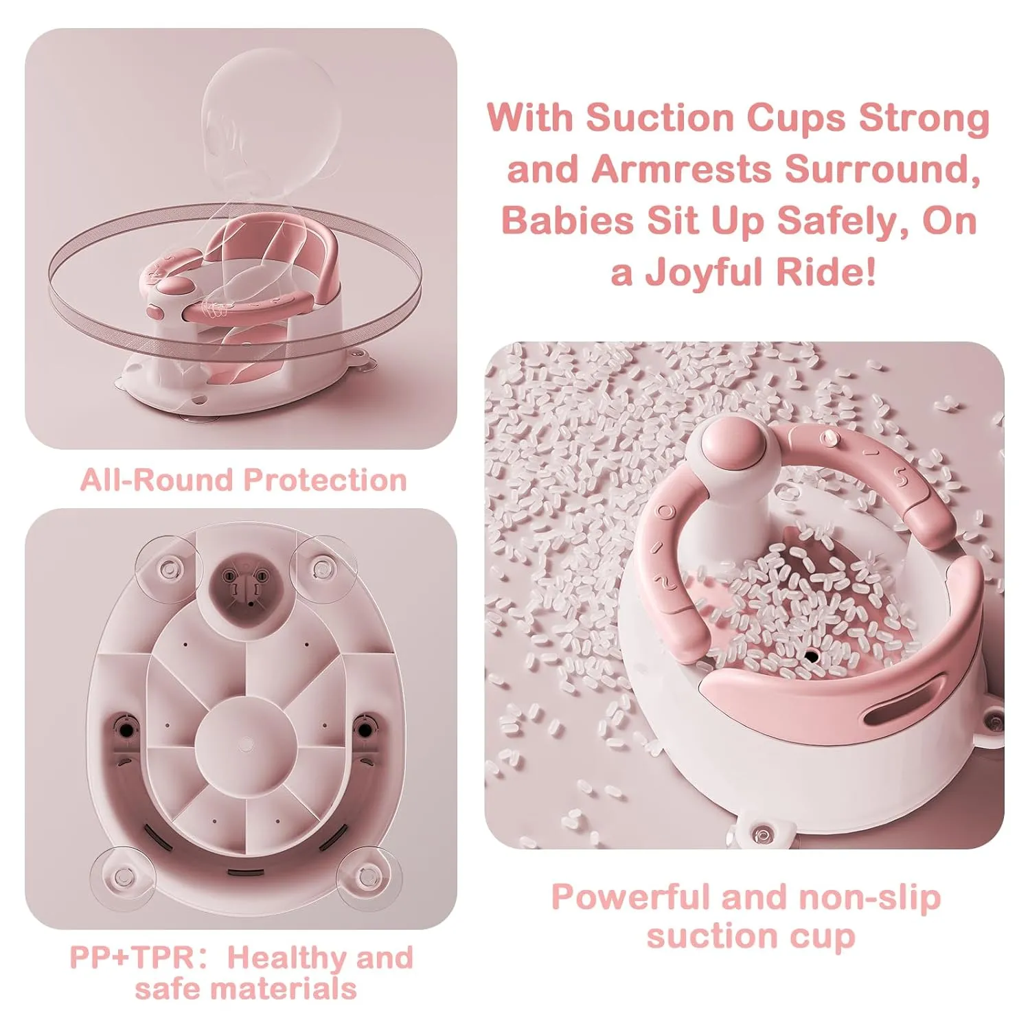 Baby Bath Seat for Babies 6 Months & up, Sure & Secure Suction Cups, Non-Slip Baby Bath Seat, Detachable, Safe & Comfortable Baby Bath Support, Sit Up Bath Seat for Baby, Pink