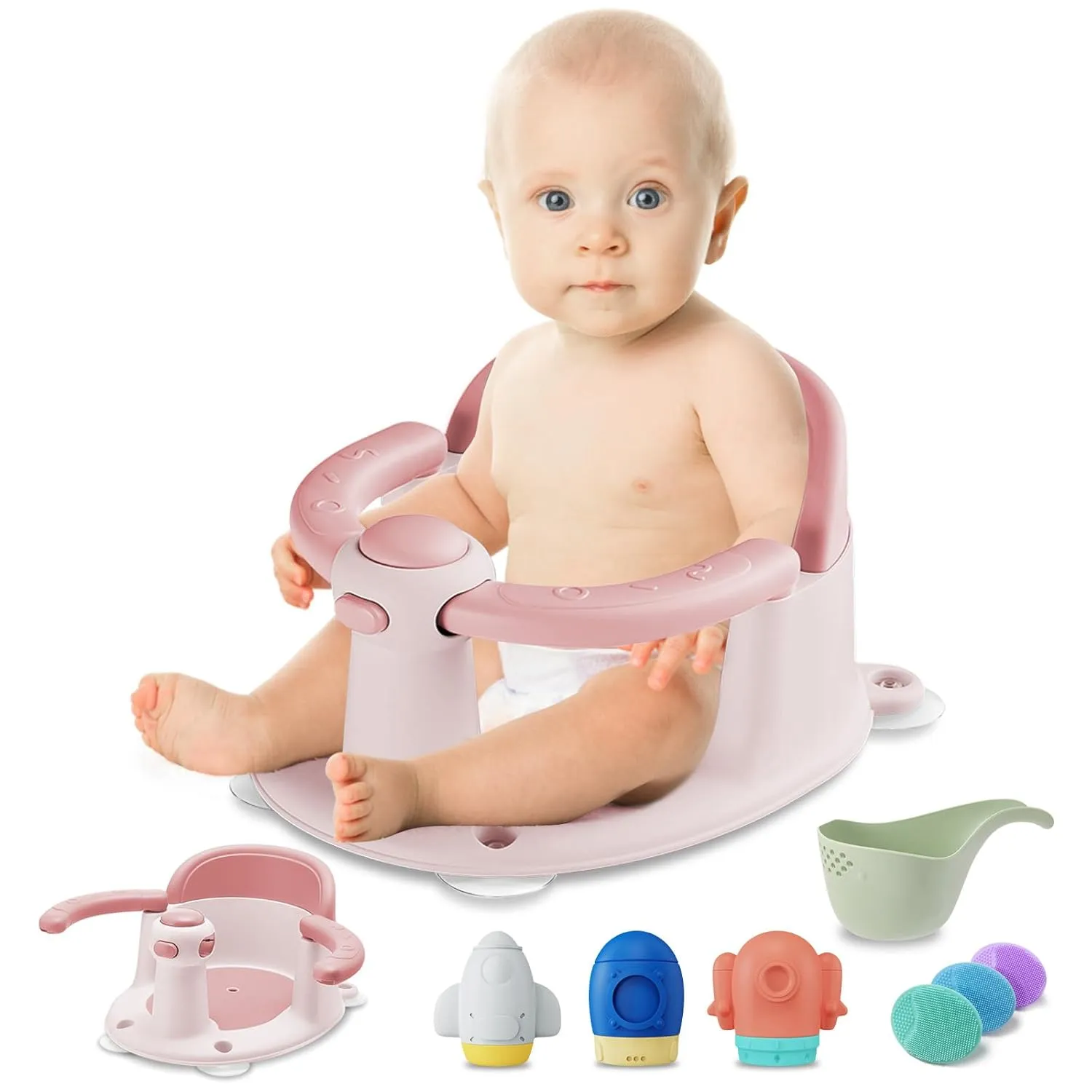 Baby Bath Seat for Babies 6 Months & up, Sure & Secure Suction Cups, Non-Slip Baby Bath Seat, Detachable, Safe & Comfortable Baby Bath Support, Sit Up Bath Seat for Baby, Pink