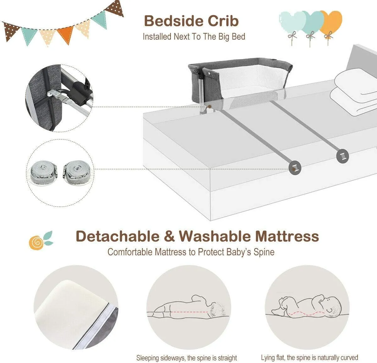 BABY JOY Baby Bedside Crib, Portable Travel Sleeper Bed Side Bassinet w/Carrying Bag, Newborn Bassinet to Infant, Kids Crib with Detachable Mattress, Height Adjustable Design, Breathable Mesh, Grey