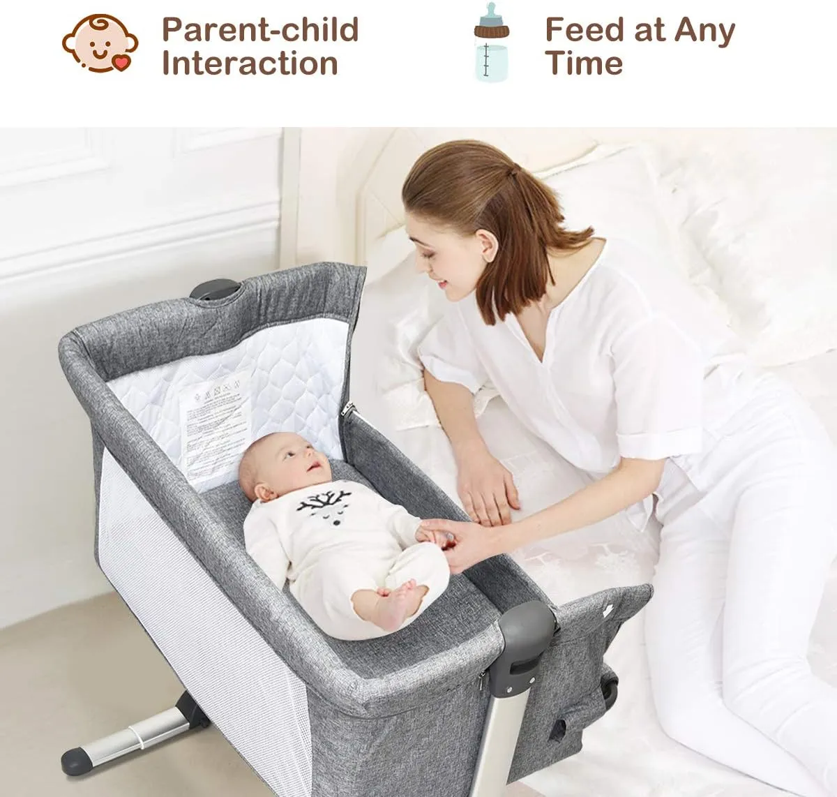 BABY JOY Baby Bedside Crib, Portable Travel Sleeper Bed Side Bassinet w/Carrying Bag, Newborn Bassinet to Infant, Kids Crib with Detachable Mattress, Height Adjustable Design, Breathable Mesh, Grey
