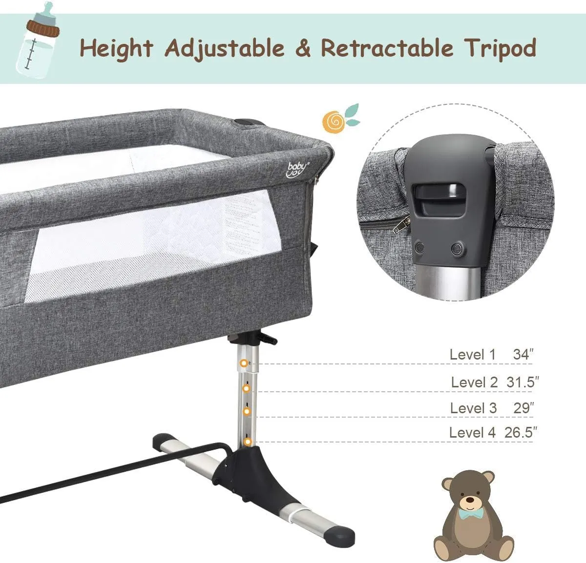 BABY JOY Baby Bedside Crib, Portable Travel Sleeper Bed Side Bassinet w/Carrying Bag, Newborn Bassinet to Infant, Kids Crib with Detachable Mattress, Height Adjustable Design, Breathable Mesh, Grey