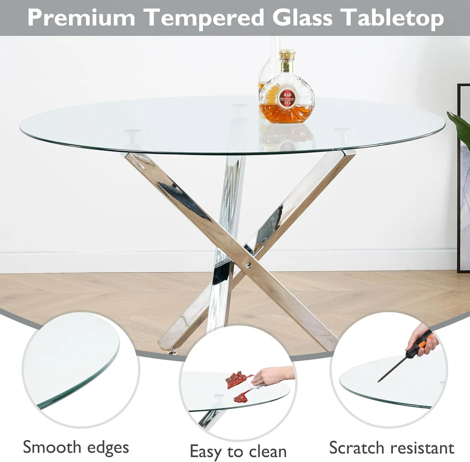Baysitone 47" Dinette Table Set for 4, Modern Dining Table Set with Round Clear Tempered Glass Kitchen Table & Faux Leather Padded Dining Chairs for Kitchen Dining Room, White with Silver Metal Base