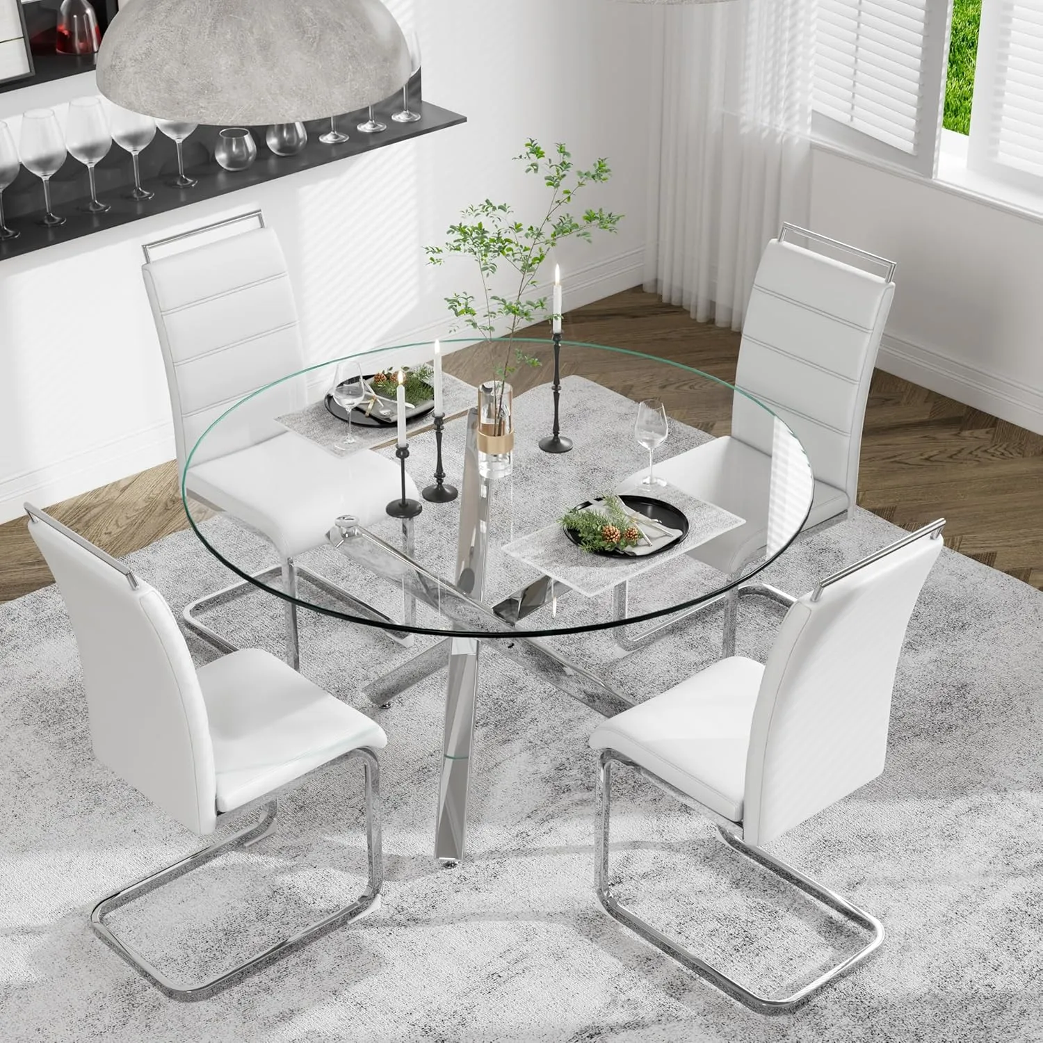 Baysitone 47" Dinette Table Set for 4, Modern Dining Table Set with Round Clear Tempered Glass Kitchen Table & Faux Leather Padded Dining Chairs for Kitchen Dining Room, White with Silver Metal Base