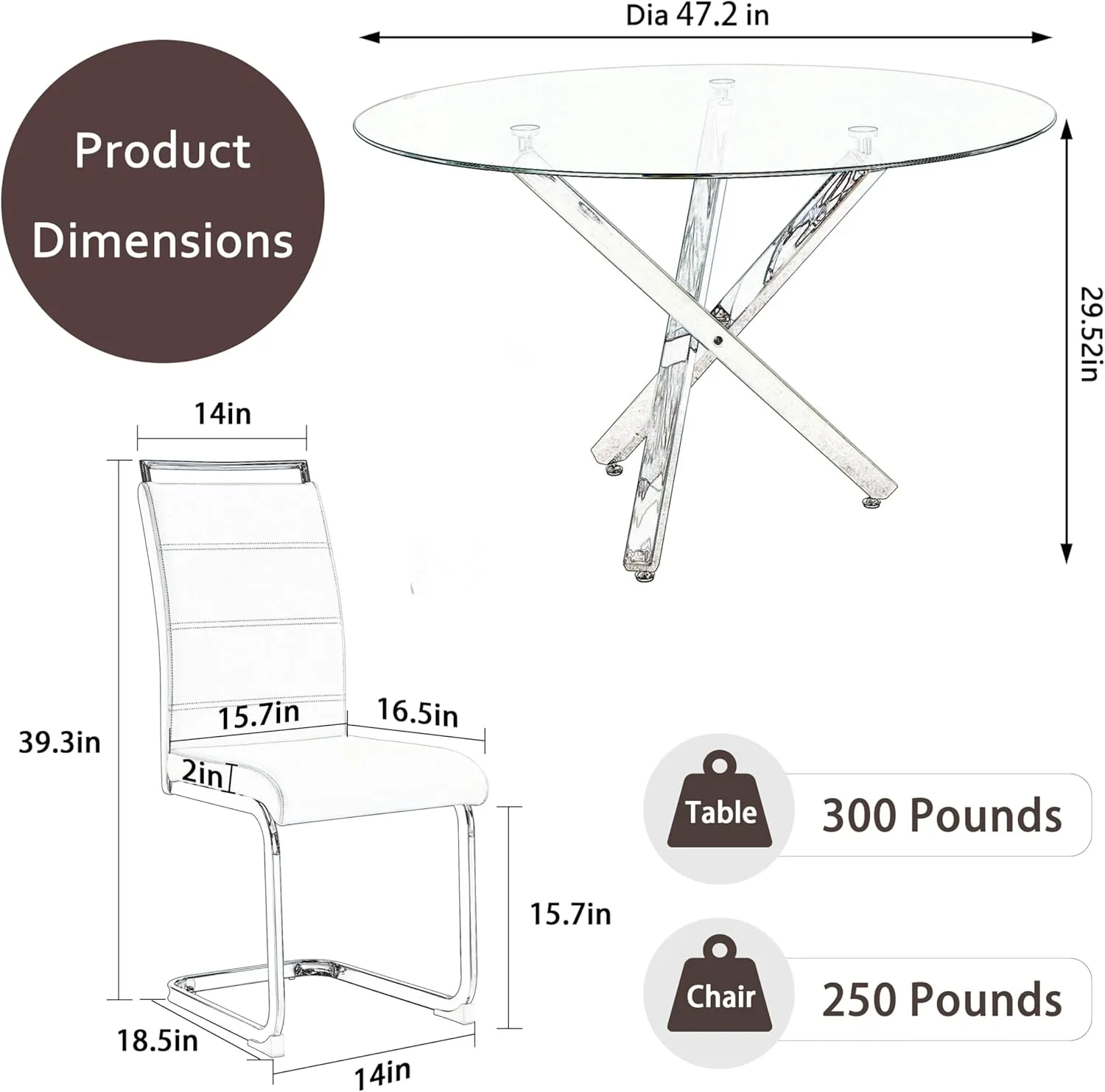 Baysitone 47" Dinette Table Set for 4, Modern Dining Table Set with Round Clear Tempered Glass Kitchen Table & Faux Leather Padded Dining Chairs for Kitchen Dining Room, White with Silver Metal Base
