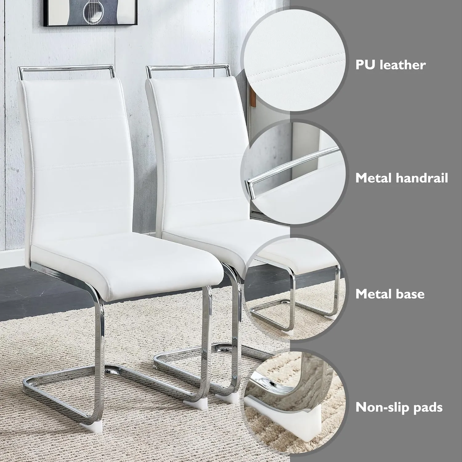 Baysitone 47" Dinette Table Set for 4, Modern Dining Table Set with Round Clear Tempered Glass Kitchen Table & Faux Leather Padded Dining Chairs for Kitchen Dining Room, White with Silver Metal Base